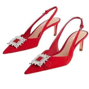 Zara Red Slingback Pump with Rhinestone Buckle